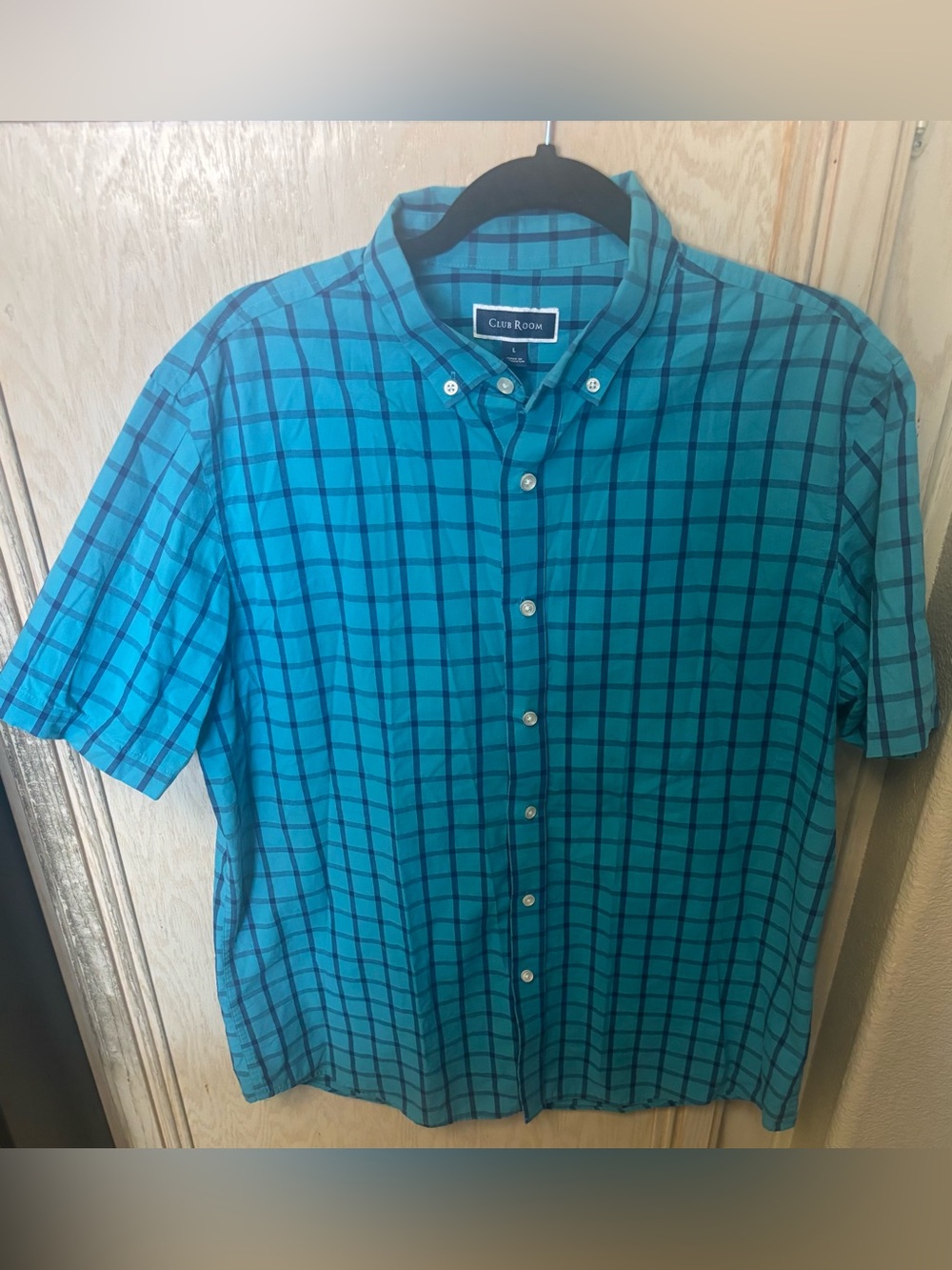 Club Room Men's Button Up Shirt Short Sleeve Blue Plaid Shirt Size Large
